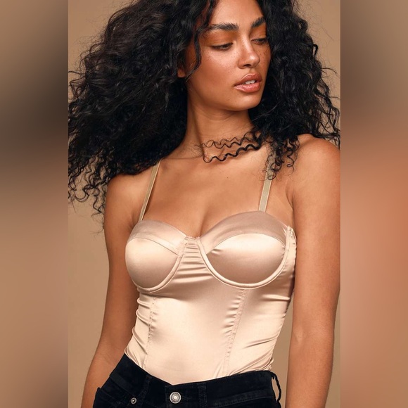 Lulus Tops - Lulu's High Priority Nude Pink Satin Bustier Thong Bodysuit